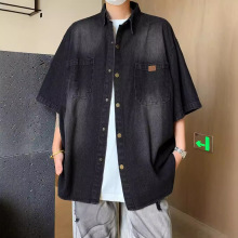美式复古日系水洗牛仔衬衫男高级感夏季宽松休闲做旧短袖百搭外套