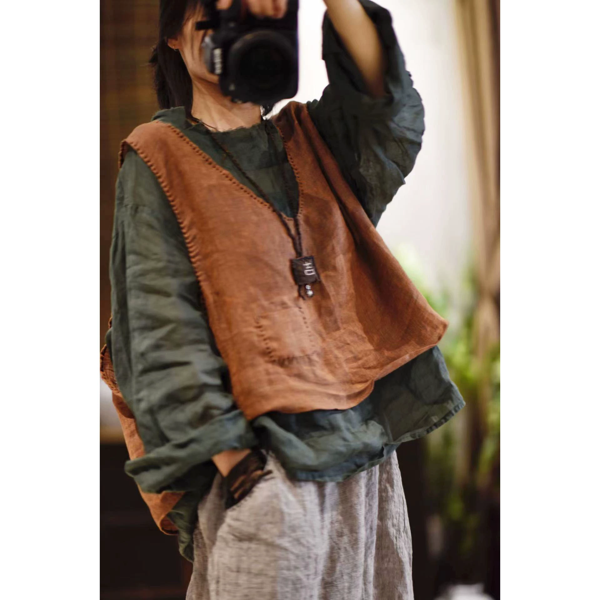 22/4 Xiao Xian Artistic Retro льняной пуловер ручной работы с V-образным вырезом свободный легкий жилет