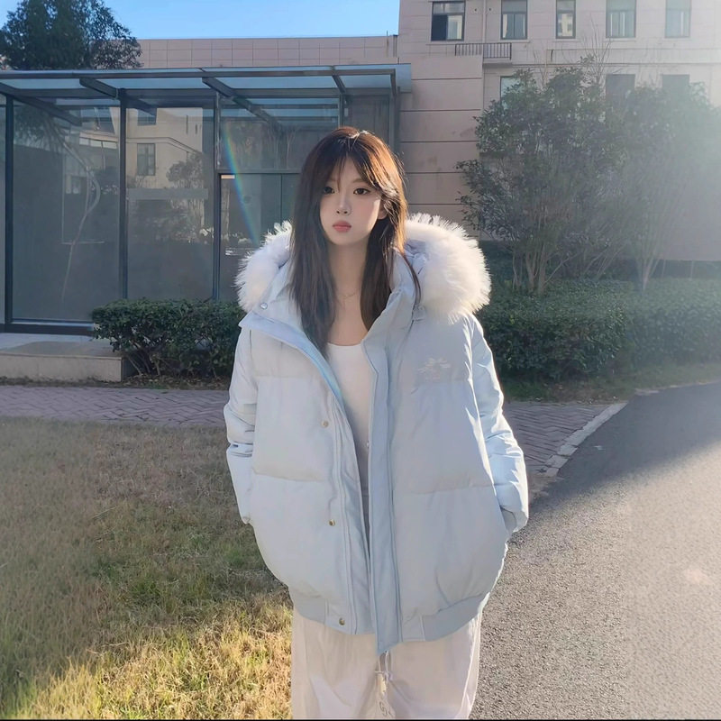 Korean Style Large Fur Collar Hooded Parka down Jacket for Women 2025 Winter New Style Super Nice Milky Blue Bread Jacket