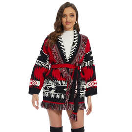 亚马逊欧美新款复古民族风流苏外套波西米亚提花中长款毛衣开衫女