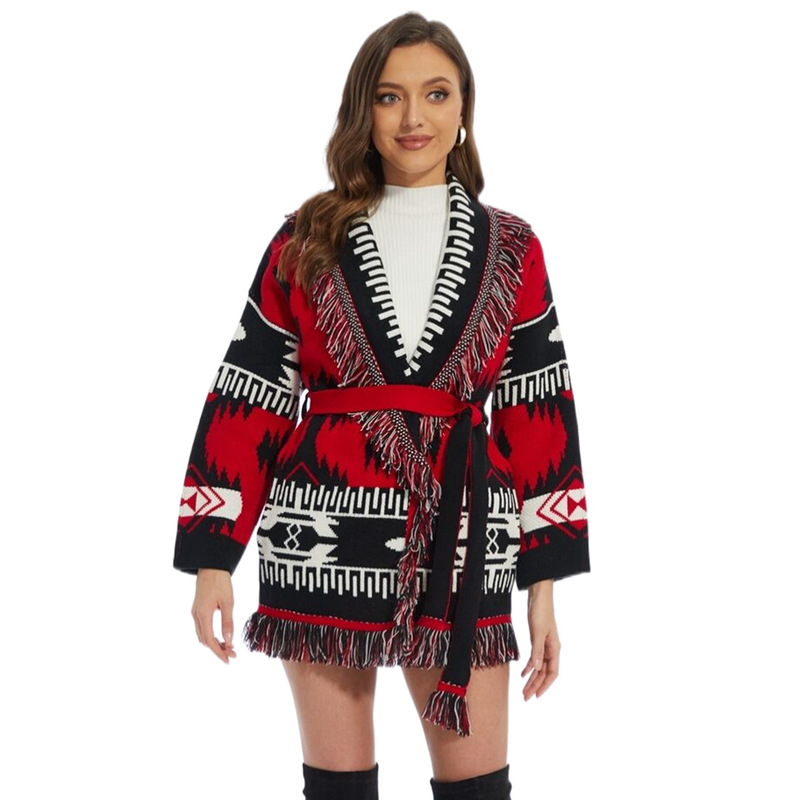 Amazon European and American New Retro Ethnic Tassel Coat Bohemian Jacquard Mid-length Sweater Cardigan Women