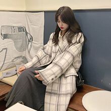 灰粉格纹毛呢外套女2024冬季新款韩版气质中长款韩剧女主穿搭大衣