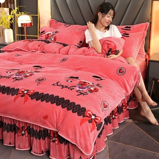 Thickened Golden Mink Velvet Flannel Four-Piece Set, Warm Coral Velvet Three-Piece Set, Double-Sided Quilt Cover, Bedding Bed Skirt Style