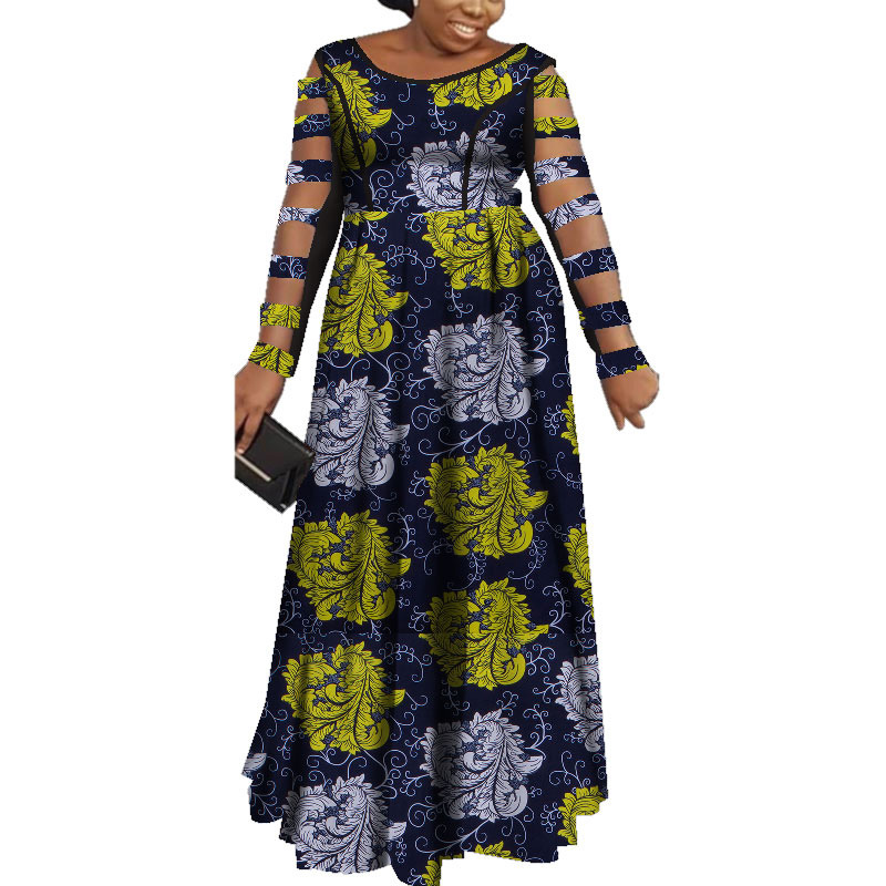 非洲印花連衣裙女式長(zhǎng)款鏤空長(zhǎng)袖派對(duì)禮服非洲服裝