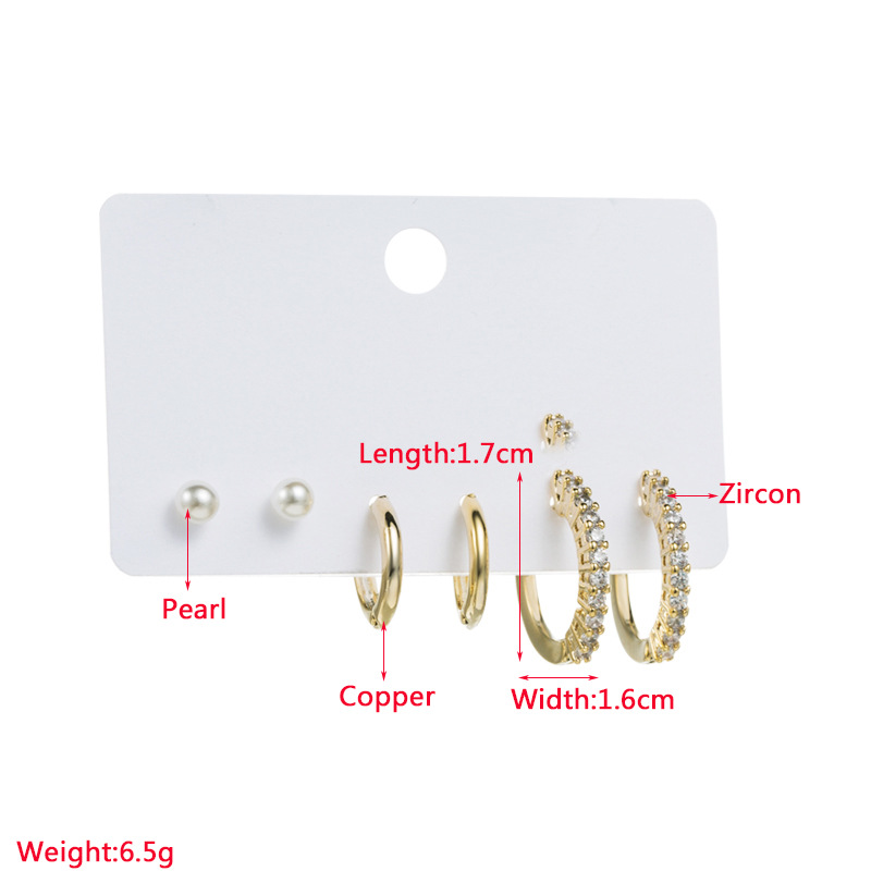 Fashion Round Copper Plating Inlay Pearl Zircon Hoop Earrings 6 Pieces