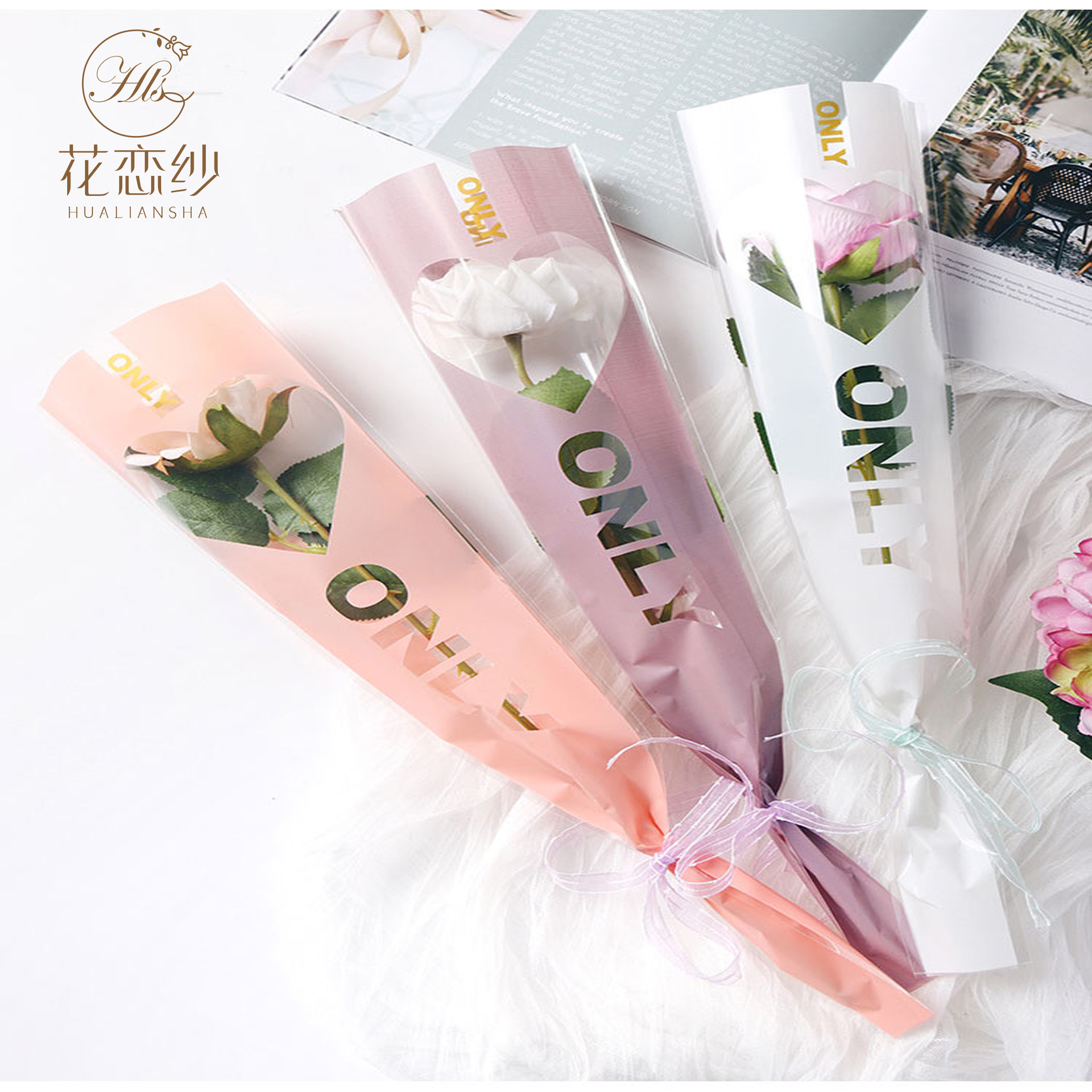 罗兰情人节单支玫瑰花包装袋皇冠英文三角袋单支花束包装袋花艺袋