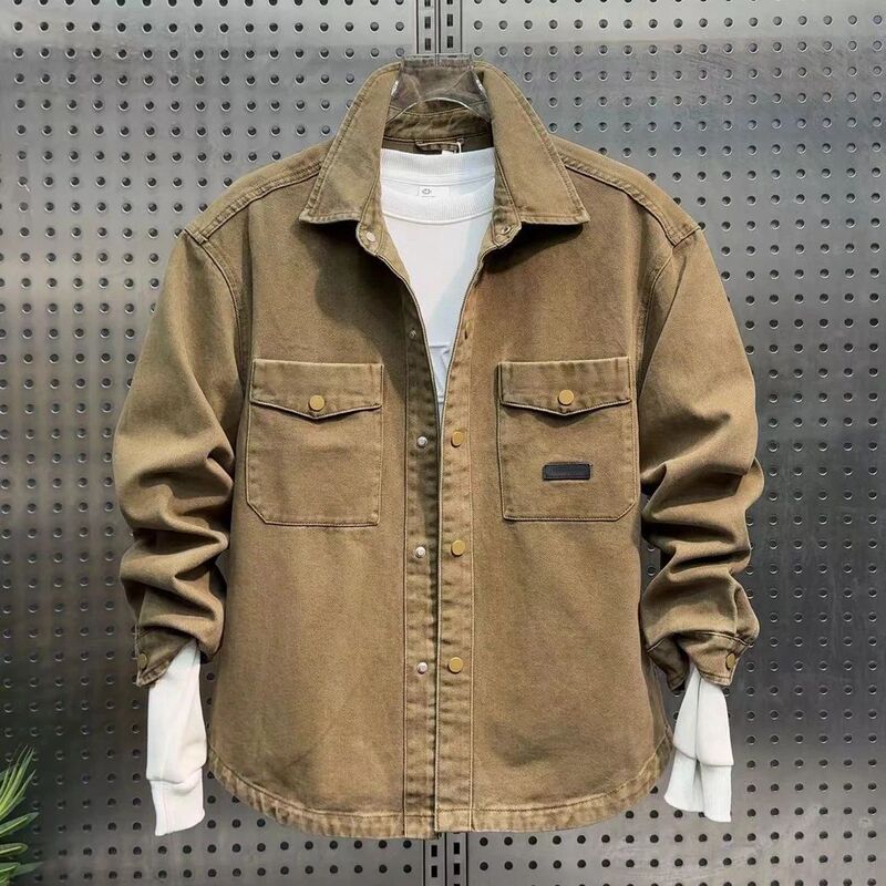 Trendy Retro Distressed Denim Shirt for Men in Spring and Autumn Loose Youth Workwear Casual Lapel Jacket for Men