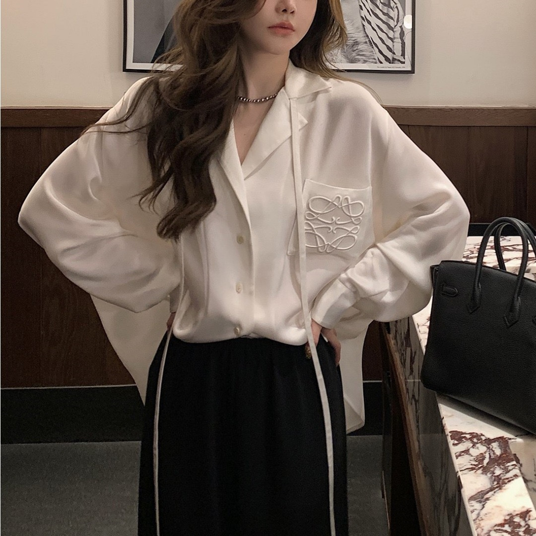 Nanyou high quality LOWE Embroidered Acetic Acid Shirt Women's Spring and Summer French Style Light Luxury Satin Loose Slimming Casual Shirt