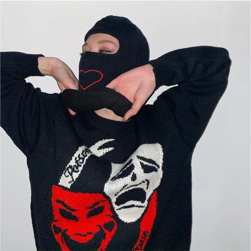 Lustiger Totenkopf-Pullover mit lockerer Passform für Herbst und Winter, Rundhals-Strickpullover für Herren und Damen im Y2K-Stil, personalisiert_voghion.com