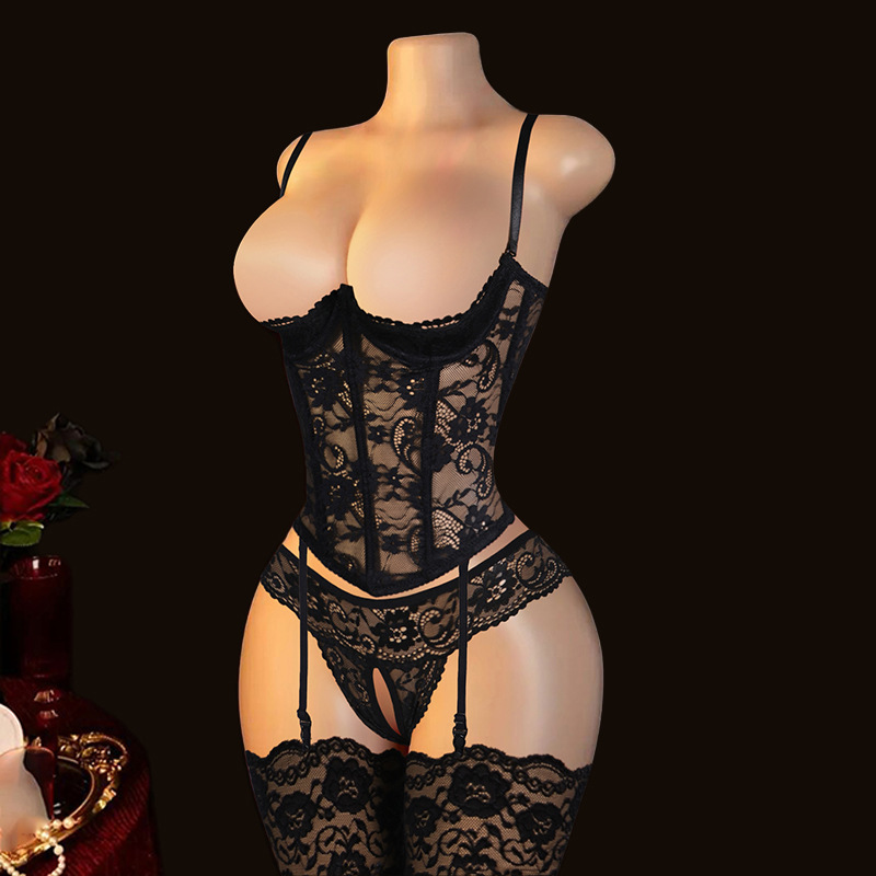 European and American Style Underwire Bra, Garter Belt, Integrated Fishbone Shapewear, Lace Hollow-Out Thong, and Stockings Set