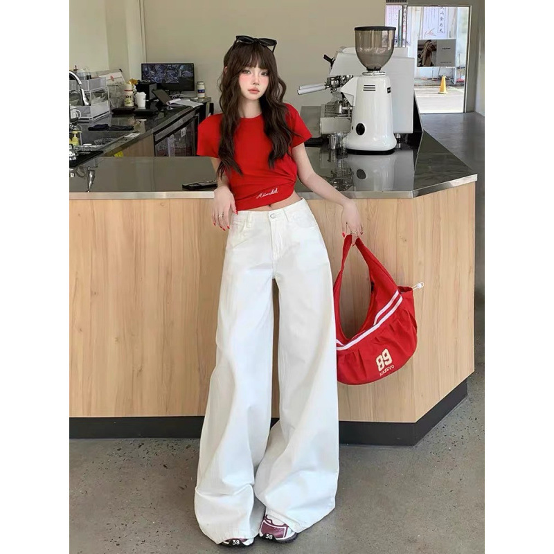 大码复古辣妹垂感阔腿白色牛仔裤女2025夏季新款高腰显瘦拖地长裤|undefined