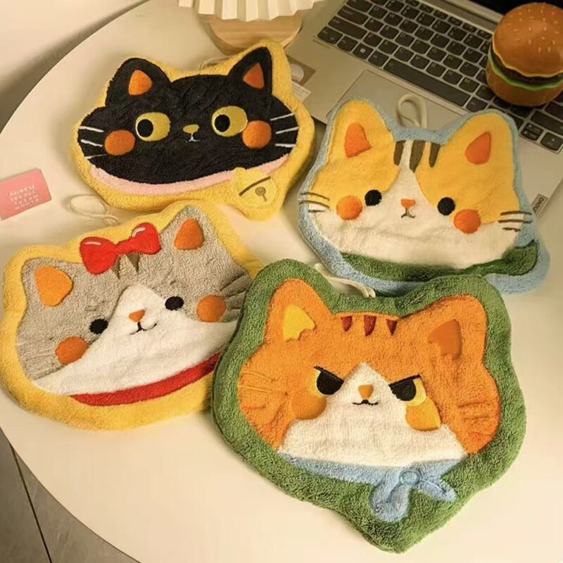Cute Cat Hand Towel for Children's Home Kitchen Bathroom Thickened Coral Velvet Quick-Drying Absorbent Towel for Girls