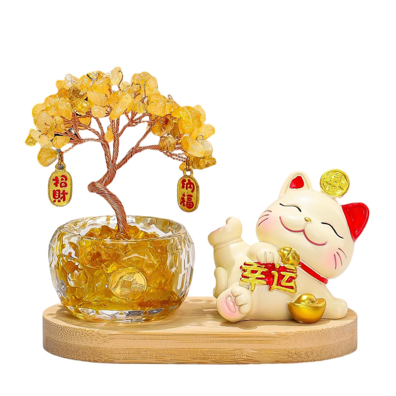 招财猫摆件天然水晶发财树办公室工位装饰创意新款水晶树桌面礼物|undefined
