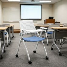 YD-1868全胶 移动折叠培训椅 白框蓝座写字板滚轮 轻便会议办公椅