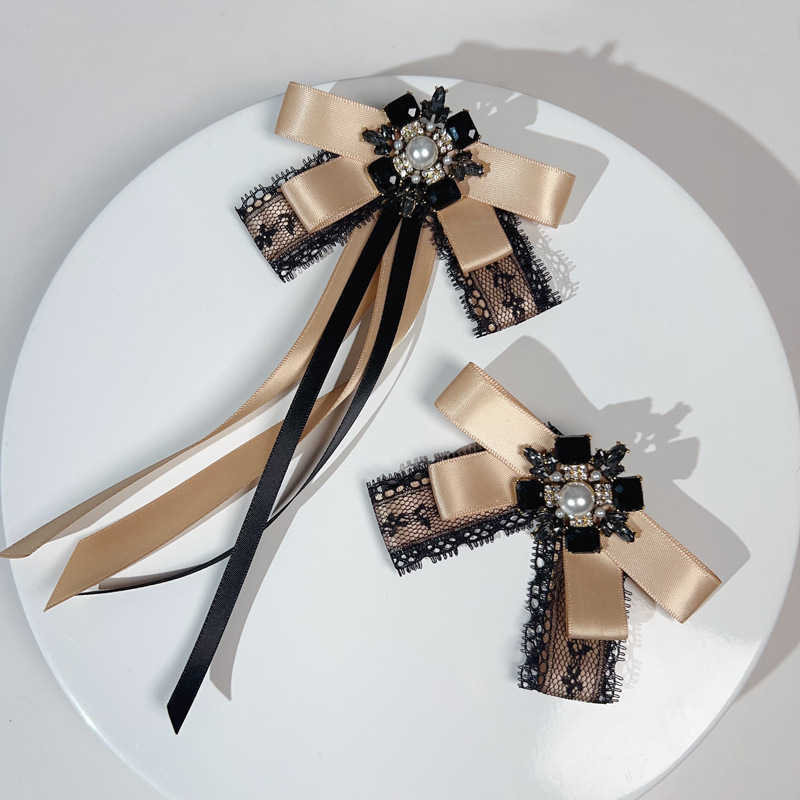 Small Customized Korean Khaki Gemstone Pearl Shirt Small Fragrant Bow Lace Brooch Accessories