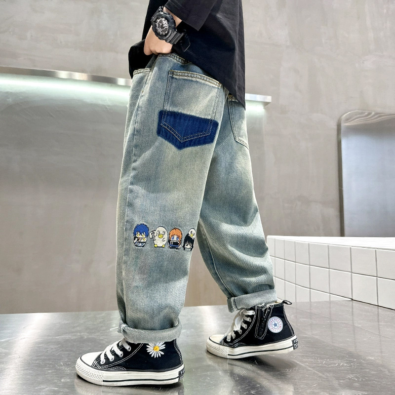 Herbstliche Jeans für Jungen, modisches Design mit Farbblock-Effekt, stylisch und locker geschnitten, für Kleinkinder (3-7 Jahre), Frühling und Herbst_voghion.com