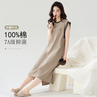 Class a Antibacterial Cotton Women's Nightgown Women's Summer Vest Sleeveless Dress Women's Mid-Length Large Size Cotton Pajamas