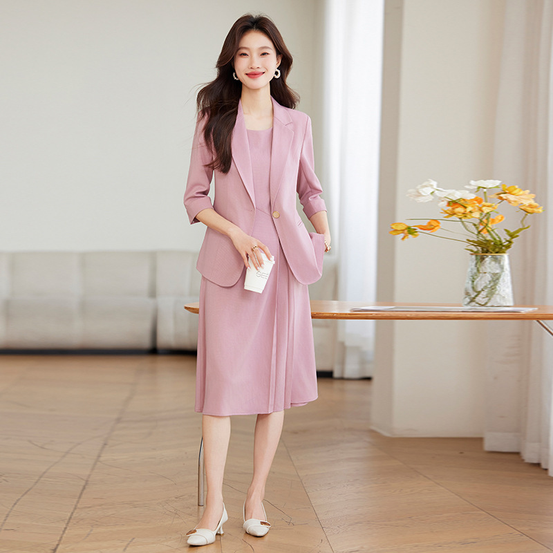 2025 New Pink Seven-point Sleeve Small Suit Jacket Women's dress Elegant Fashion Two-piece Business Wear