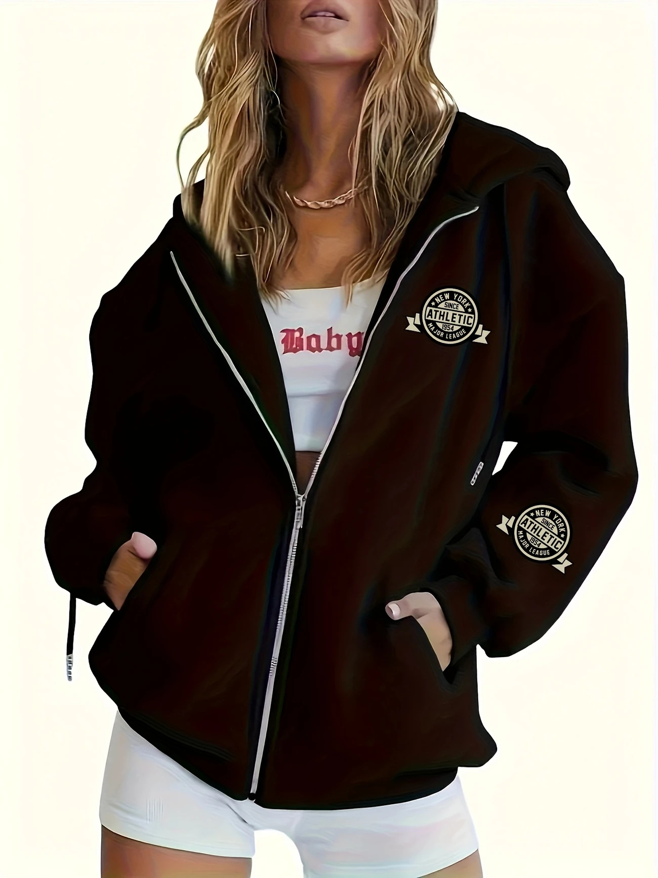​Women's Fleece Zip-Up Hoodie With Geometric Print - Lightweight, Warm & Stylish Casual Jacket For Outdoor & Daily Wear​_ecoleips.com