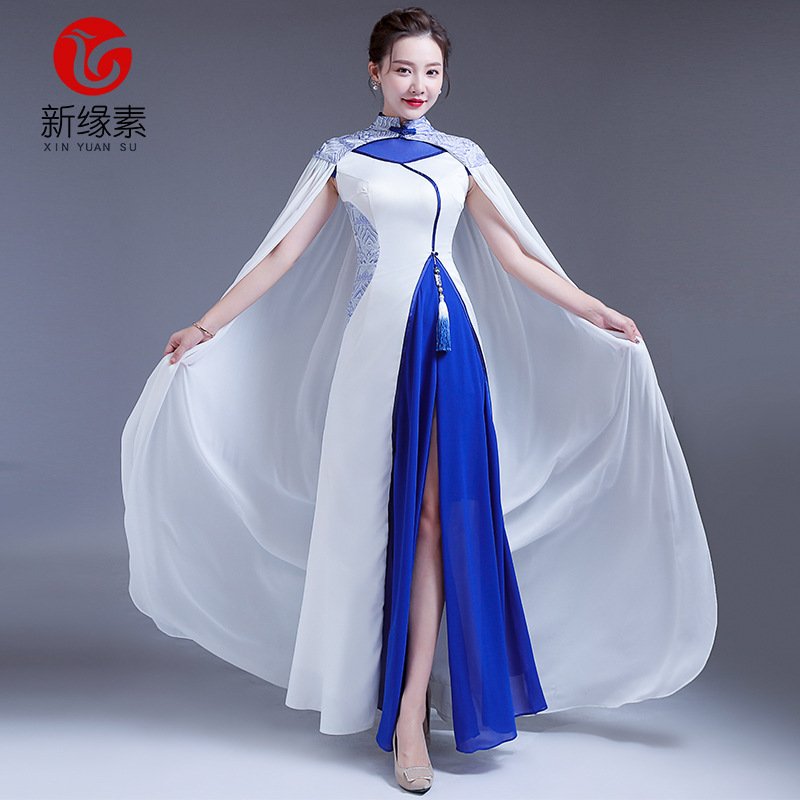 2026 New Style Improved Cheongsam with Cape, Retro Artistic Chinese Style Long Performance Dress, Blue and White Porcelain Dress