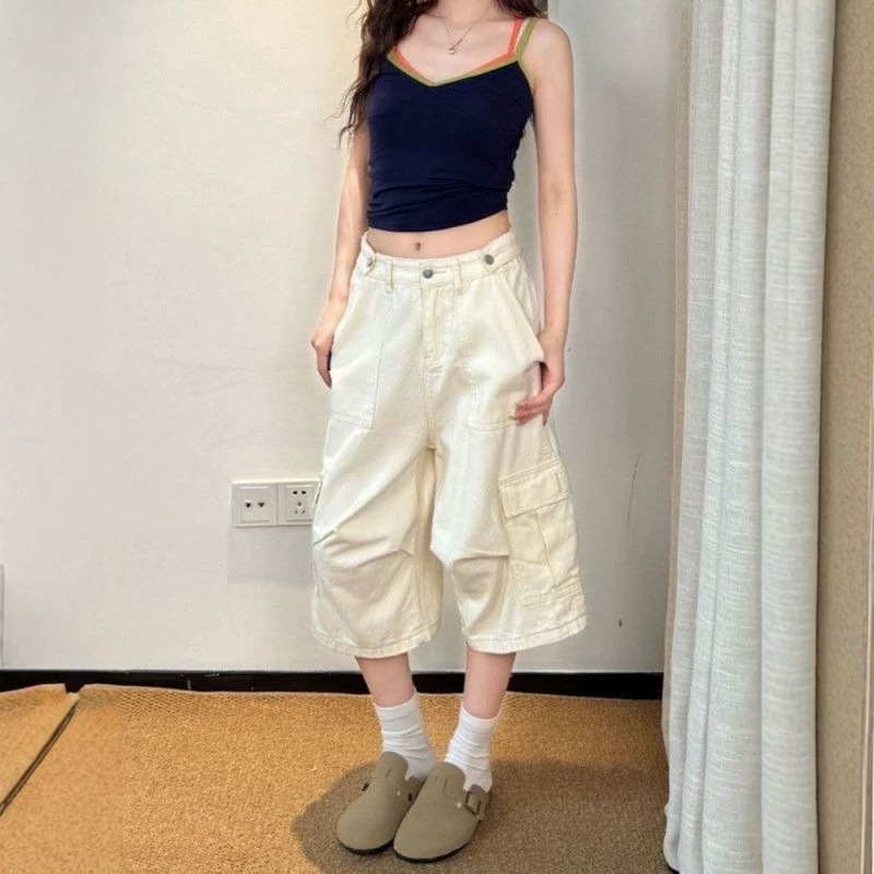 145 Petite White Workwear-Style Cropped Wide-Leg Jeans for Women, Summer Multi-Pocket High-Waisted Loose Straight Pants