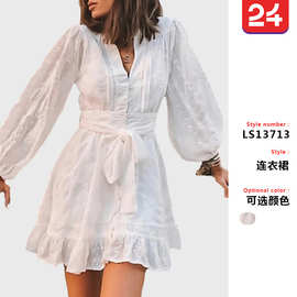 2025秋季跨境新款欧美女装连衣裙v领长袖色甜美系带荷叶边短裙