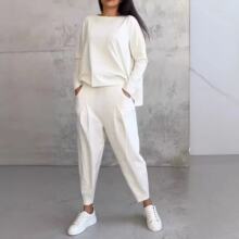 2024新款欧美跨境外贸女装纯色圆领长袖套装女口袋裤子长裤女