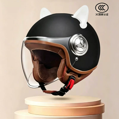 warm for autumn and winter, retro — Motosiklet kaskı (dəbilqə) - 801black-transparent-long-mirror-white-ears