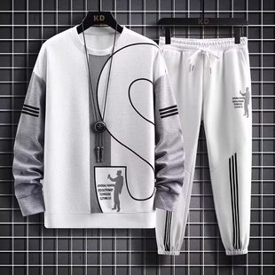 Autumn new men's plus size Hong Kong style waffle long sleeve suit casual sports trousers T-shirt men's fashion two-piece suit