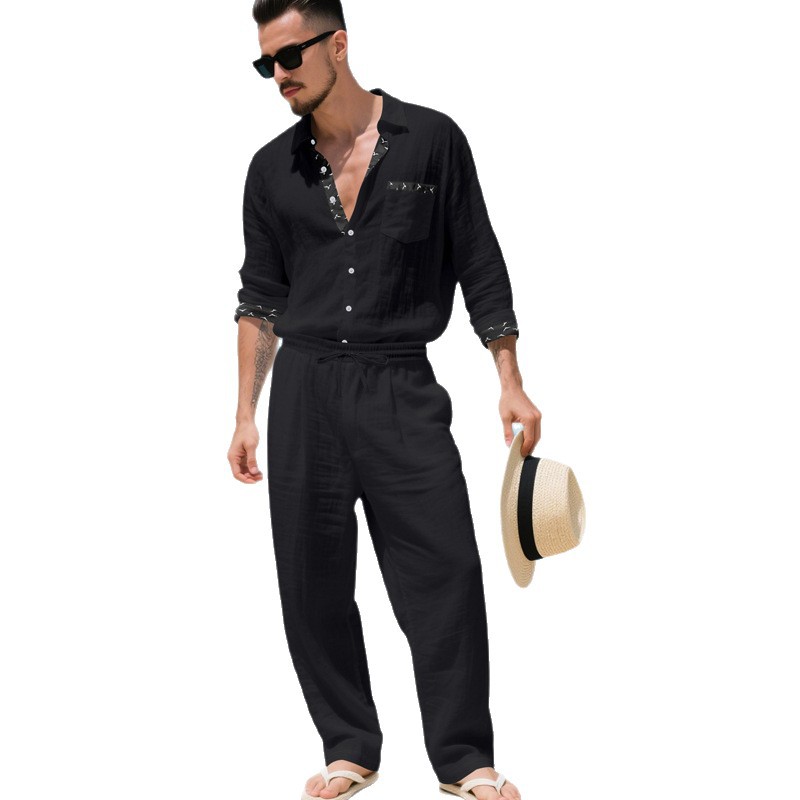 Completo autunnale da uomo in lino, camicia casual da uomo in stile old money, pantaloni a maniche lunghe, completo da uomo a due pezzi_voghion.com