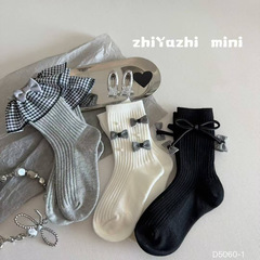 2逗库2025秋冬中筒袜女宝童袜韩系格子蝴蝶结棉袜2-12岁D5060-1