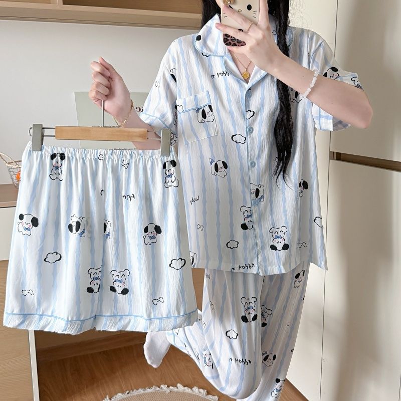 Nube de algodón de tres piezas nuevo pijama de mujer adorable con solapa de manga corta pantalones cortos pantalones largos set de ropa para el hogar