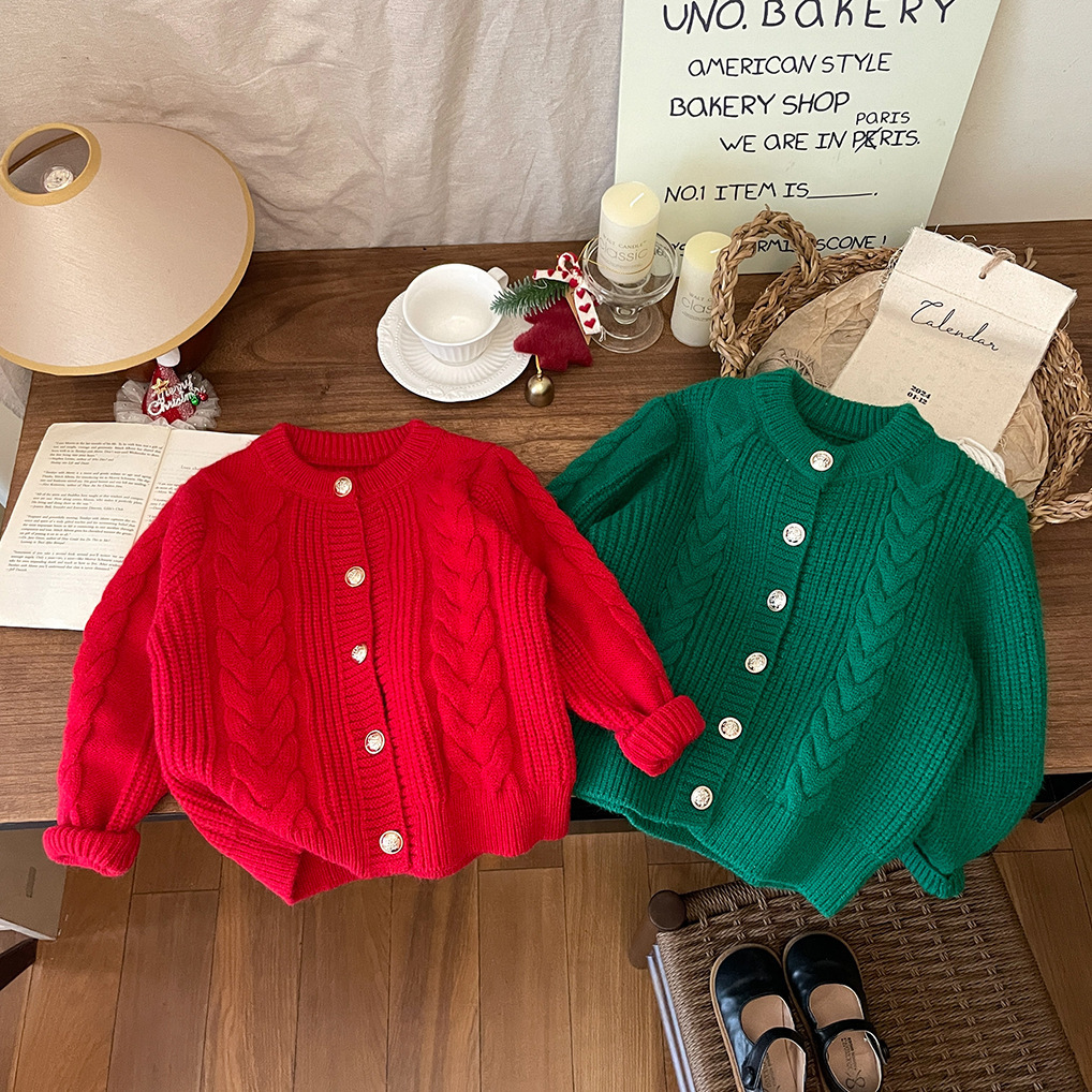 Han 24 Neue Baby-Kleidung Mädchen Rot Grün Fried Dough Twists Strickjacke Verdickt Gestrickte Pullover Mantel Mode Herbst und_voghion.com