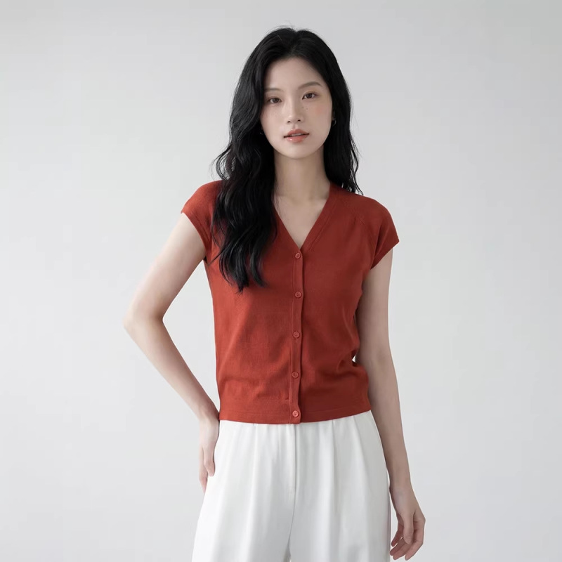 2026 New Summer Tencel V-Neck Knitted T-Shirt for Women with Small Flying Sleeves, Slim-Fit Short-Sleeve Top