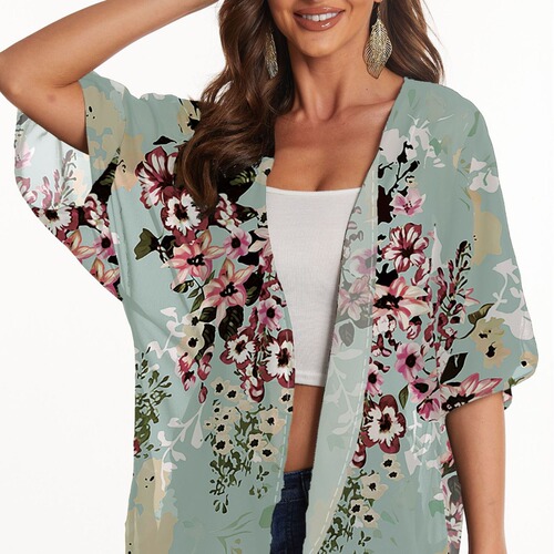Women's Western-style sunshade wrap dress with floral chiffon top and kimono-style open jacket
