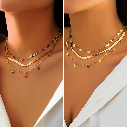 European and American cross-border ornaments, niche spicy girl feng shui crystal star-shaped clavicle choker necklace, simple snake bone chain necklace 
