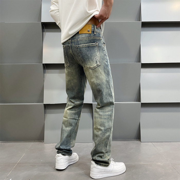 Men's Clothing Spring Retro High-End Printed Blue Jeans Loose Fit Straight Leg Casual Pants For Men_mkmklike.com