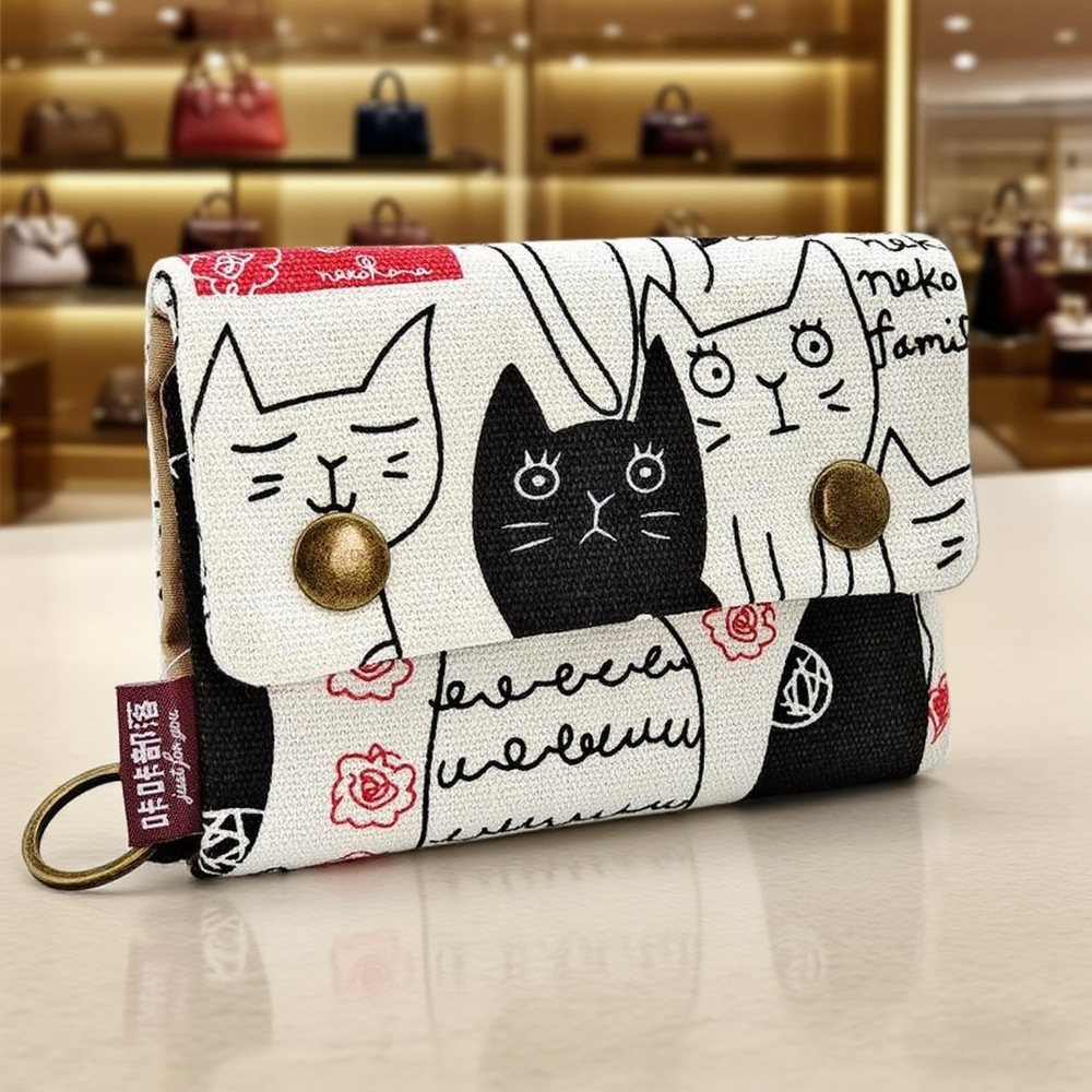 Cartera de lona de mezclilla triple con estampado de dibujos animados creativo, simple para hombres y mujeres, estuche para tarjetas de lona, estuche para llaves
