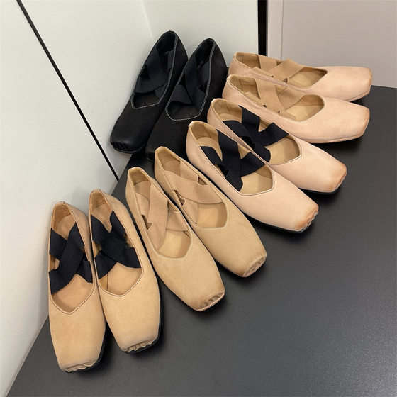 Top UMA Washed Vintage Antique Niche Cross Strap Mary Jane Ballet Shoes Women's Single Shoes Pig Nose Shoes