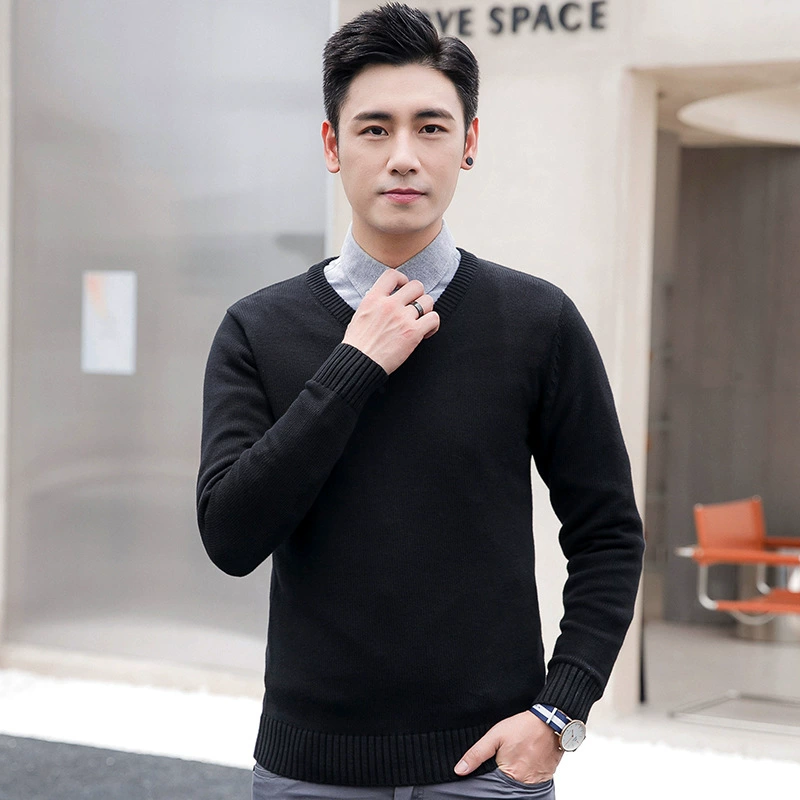 Мужской свитер Деловой вязаный свитер с V-образным вырезом Осенне-Зимний Простой однотонный приталенный свитер Базовый свитер с длинными рукавами Молодежный свитер