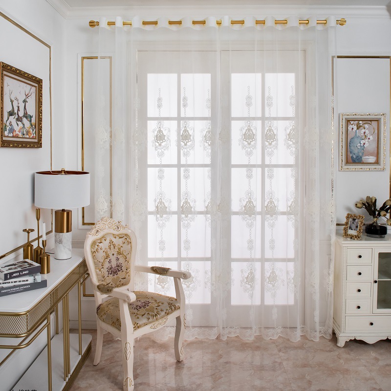 Custom-made cross-border European-style light luxury sheer curtains with embroidery, featuring white window screening and elegant lace accents&mdash;perfect for bedrooms and living rooms.