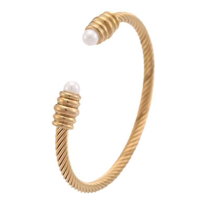 Brazalete de acero inoxidable torcido perla abertura europea y americana nicho femenino simple diseño brazalete de alambre joyas al por mayor image 5