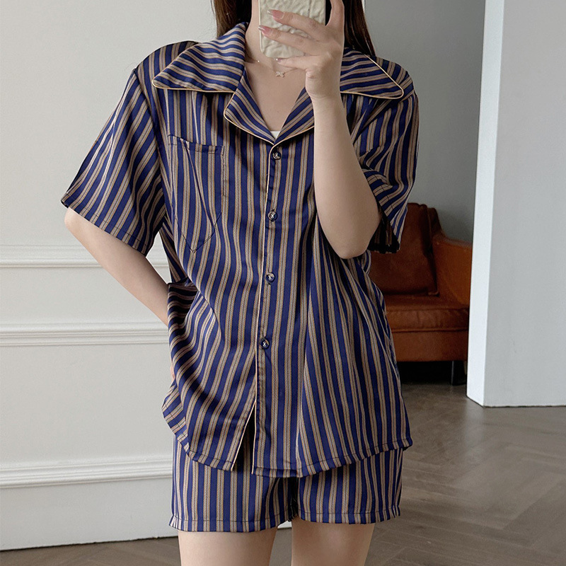[Lazy Weekend] Purple Striped Ice Silk Pajamas Women's Summer Cool French Advanced ins Style Home Clothes Women
