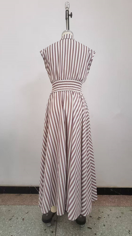 Women's Clothing Spring New Arrival Elegant Retro Striped Shirt Collar Short Sleeve Full Skirt Dress Fashion Waist Cinching American Style_ecoleips.com