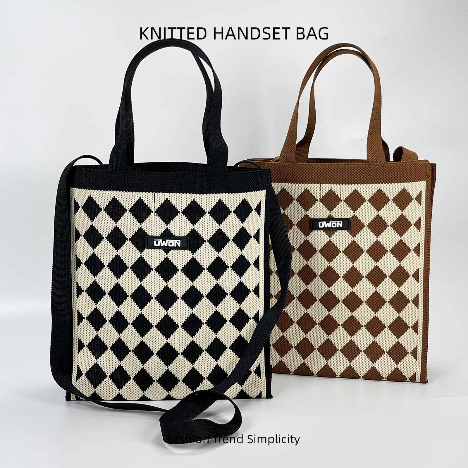 Nuevo bolso de hombro de punto de rombo en blanco y negro, bolso de mensajero de viaje de gran capacidad casual coreano, bolso cuadrado pequeño