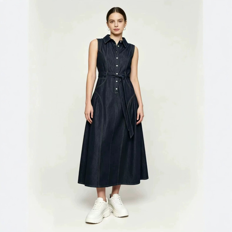 F* Women's Fashion Mall Same Style 2026 Summer New Deep Blue Waist-Cinched Casual Dress with Turn-Down Collar and Sleeveless Denim Dress