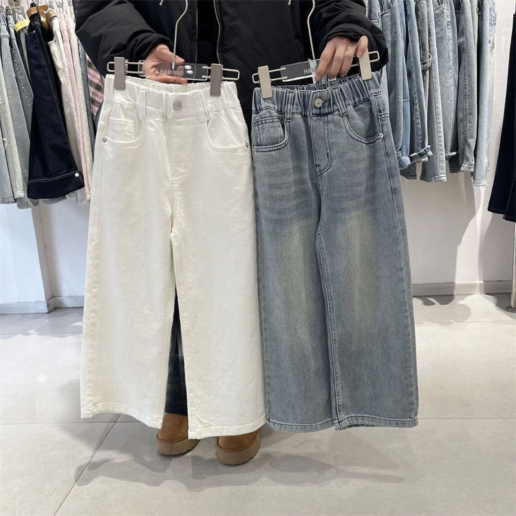 新しい女の子の早春ジーンズストレートパンツ中大子供用ナローワイドレッグパンツベビー女の子用白ロングパンツ|undefined