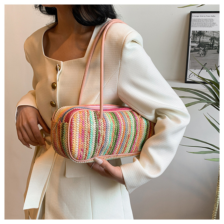 Women's Medium Straw Rainbow Vacation Classic Style Weave Oval Zipper Straw Bag display picture 6