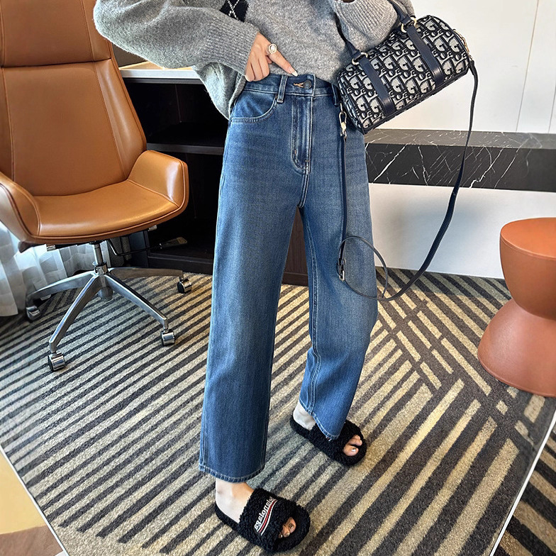 Straight-Leg Filter!! Narrow Version Four-Way Stretch Cropped Straight-Leg Jeans for Women, Autumn and Winter Loose Slimming Wide-Leg Baguette Pants