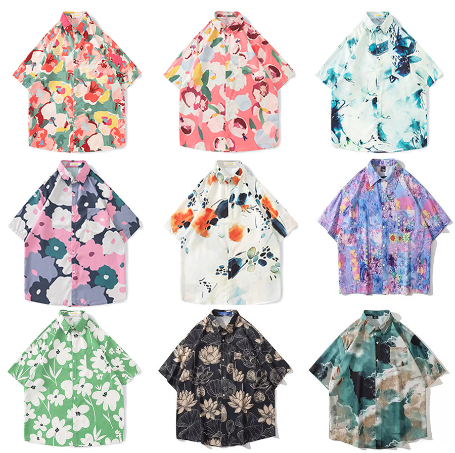 New Japanese and Hong Kong style summer short-sleeved floral shirt, unisex retro cool Hawaiian loose beach couple shirt